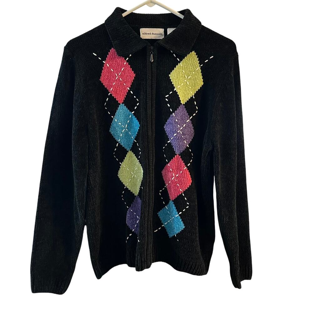 Alfred Dunner Vintage-Style Zip-Up Sweater Multicolor‎ Geo Argyle Size Medium